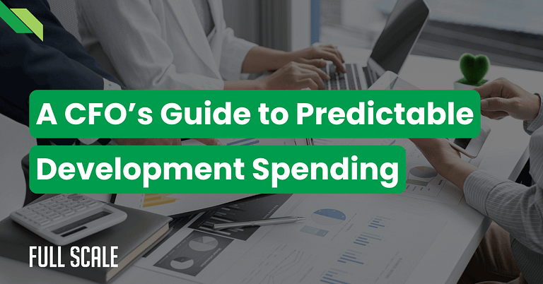 Two people work at a desk with laptops and financial documents. Text over the image reads: “A CFO’s Guide to Predictable Development Spending and IT budget forecasting.”.