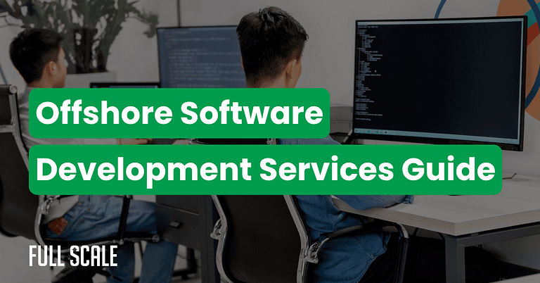 Two people working at computer desks with large monitors displaying code. Overlaid text reads "Offshore Software Development Services Guide" by a leading offshore software development services company.