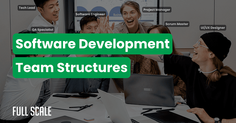 A group of five people in an office smile and high-five, with labels identifying their roles, such as Tech Lead and Scrum Master. Text reads: "Agile team structure: Software Development Team Structures.