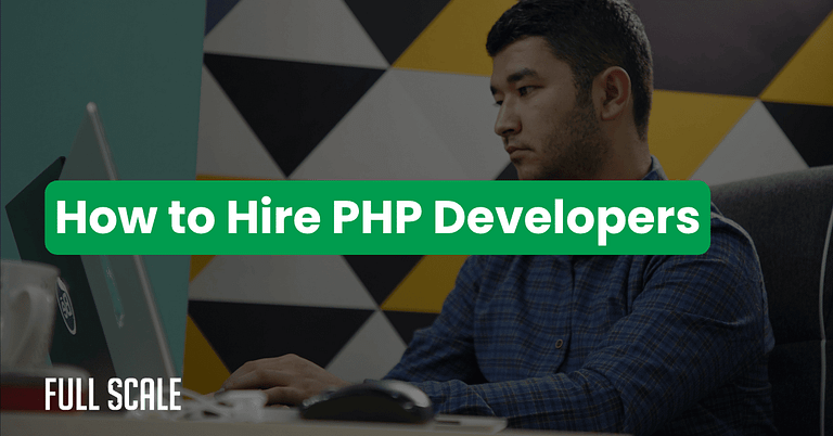 A man working on a laptop with a geometric patterned wall behind him; overlaid text reads "How to Hire PHP Developers"—ideal for illustrating the PHP developer hiring process.