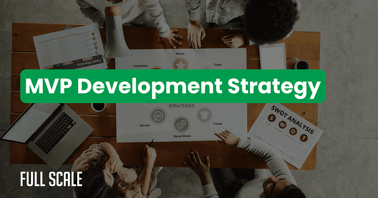 A group of people at a table discuss MVP development strategy, focusing on minimum viable product development, with documents and a laptop visible, including a SWOT analysis chart.