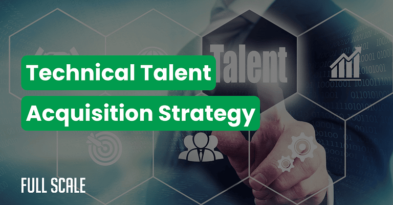 A person points at virtual icons with the words "Technical Talent Acquisition Strategy" overlaid in bold green text. The background shows network and business graphics, highlighting the need for engineering recruitment transformation.