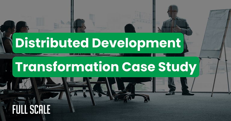 A person presents an engineering team transformation case study on distributed development to a group of seated attendees in an office setting. Text overlay reads "Distributed Development Transformation Case Study.”.