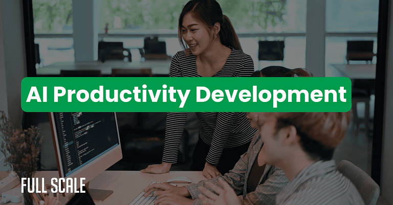Three people collaborate at a desk with a computer, overlaid with the text "AI Productivity Development." The Full Scale logo appears in the bottom left, highlighting how developer productivity AI can benefit software teams.