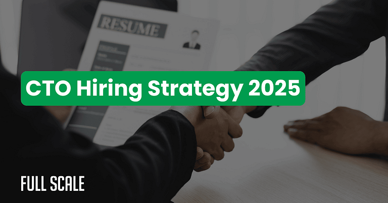 Two people shake hands over a resume, with "CTO Hiring Strategy 2025" and "Full Scale" highlighted—an illustration of tech hiring 2025 and innovative developer compensation alternatives for growing teams.
