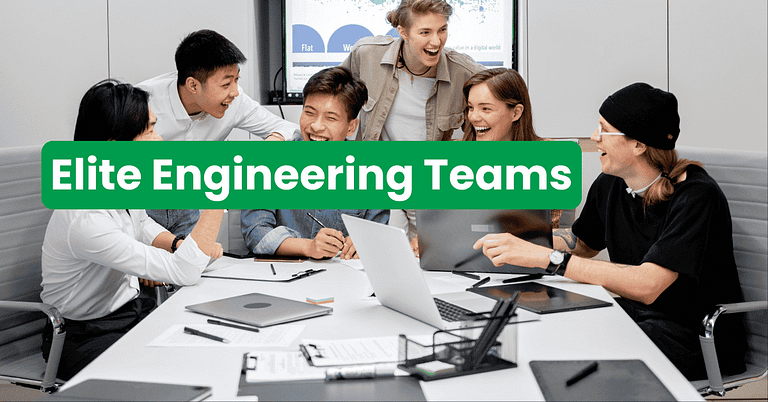 Five people sit around a conference table with laptops and documents, smiling and interacting. Text overlay reads “Elite Engineering Teams—Driven by Engineering Excellence.”.