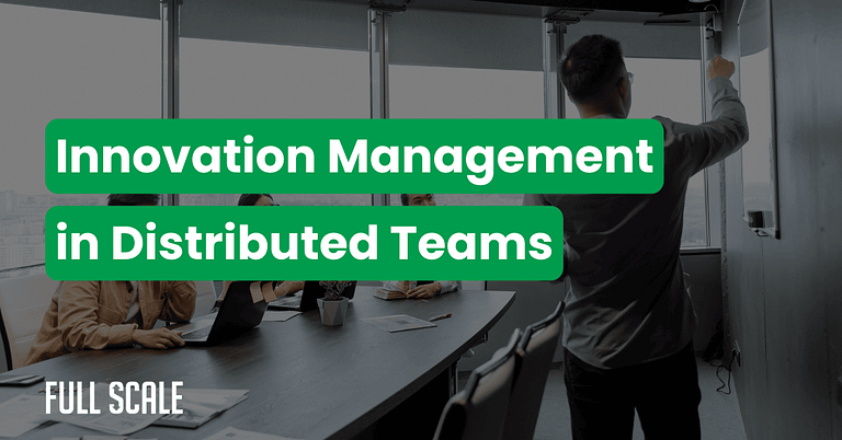 A person presents on a whiteboard to three seated colleagues in a conference room. Text overlay reads, "Innovation Management in Distributed Teams: Building a distributed team collaboration framework for remote team innovation process.