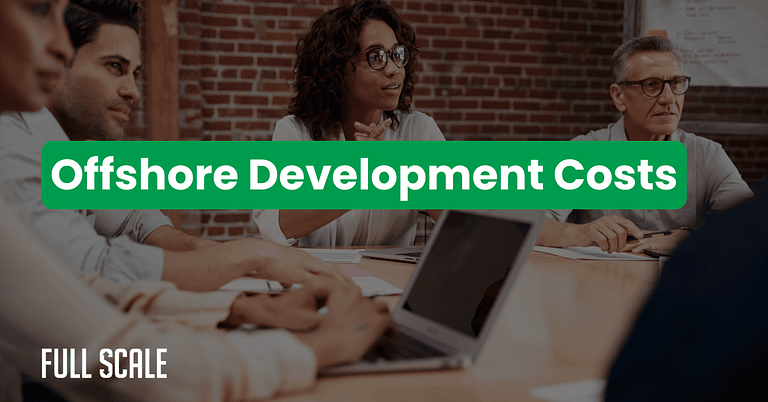 A group of people sit around a table in a meeting room with the text "Offshore Development Costs" displayed prominently, discussing common offshore hiring mistakes and strategies for effective CTO offshore development.