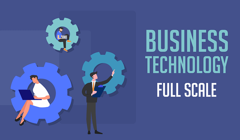 An illustration showcasing three individuals with business attire interacting with gear-shaped icons, symbolizing the integration of business technology at a comprehensive scale.