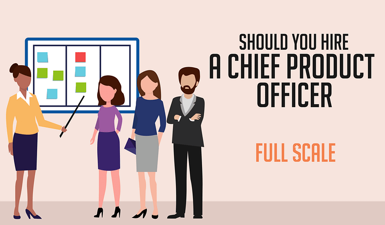An illustration showcasing a business environment where a group of professionals is considering the appointment of a Chief Product Officer, as indicated by the text "should you appoint a Chief Product Officer" displayed prominently.