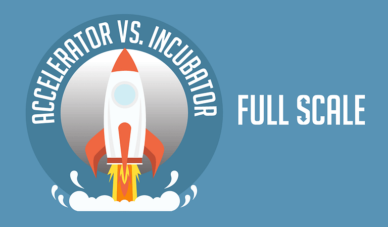 An illustration of a rocket launch, symbolizing a startup or business growth, with the text "accelerator vs. incubator - full scale," suggesting a comparison or contrast between two types of business support