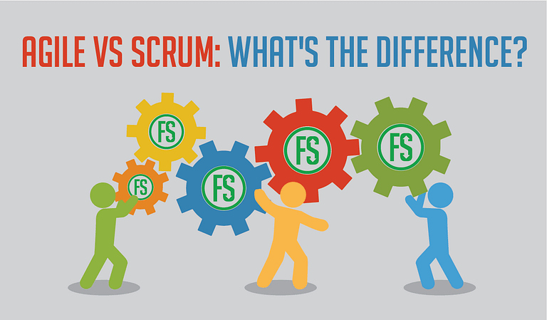The image features a graphic with three humanoid figures pushing interlocking gears, each gear labeled with "Agile." Above, the text reads "Agile vs Scrum: what's the difference?" indicating