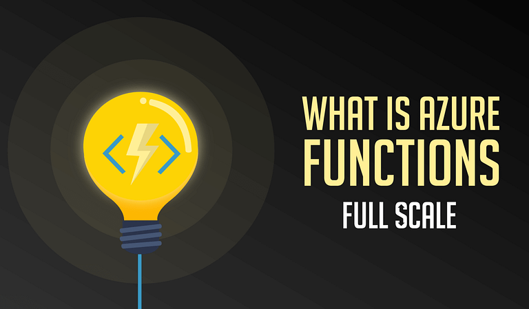A graphic presentation with a lit yellow light bulb against a dark background, featuring the text "Azure Functions full scale" with a lightning bolt icon inside the bulb.