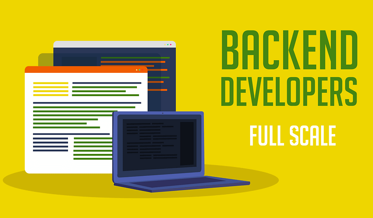 An illustration depicting the concept of backend development with a laptop showing code on its screen and the words "Backend Developer full scale" displayed prominently.