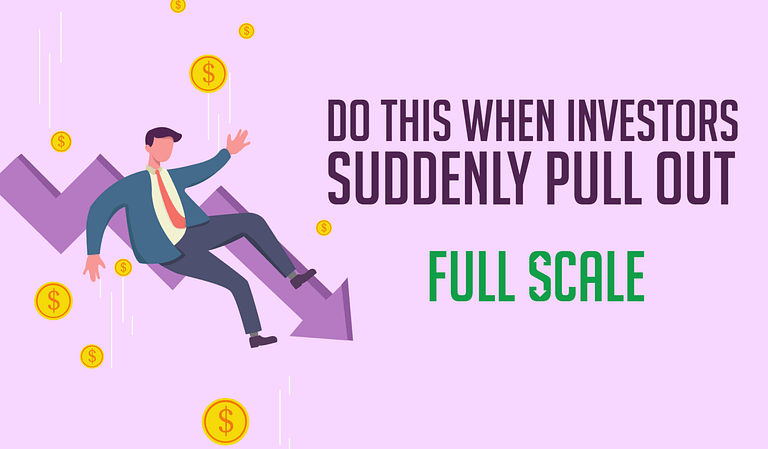 Illustration of a businessman sliding down a declining arrow graph, symbolizing falling investments, with coins scattered around and the text "do this when investors suddenly pull out - full scale ghosting.