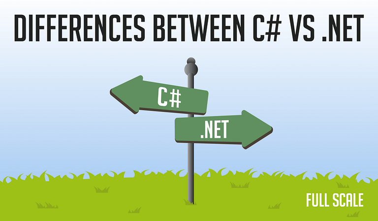 An infographic showing a signpost with two directional arrows pointing in opposite directions, labeled "C#" and ".NET," against a backdrop of grass and sky, indicating a comparison between the two.