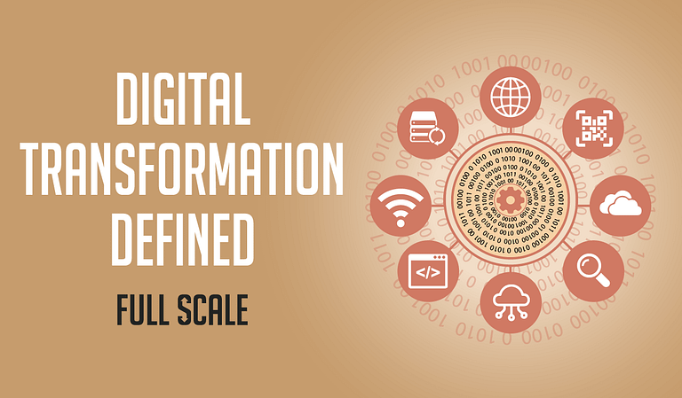 Graphic illustration with the title "digital transformation defined" at the center; surrounding icons represent various digital and technological concepts such as cloud computing, networking, artificial intelligence, mobile technology, and startups, all on