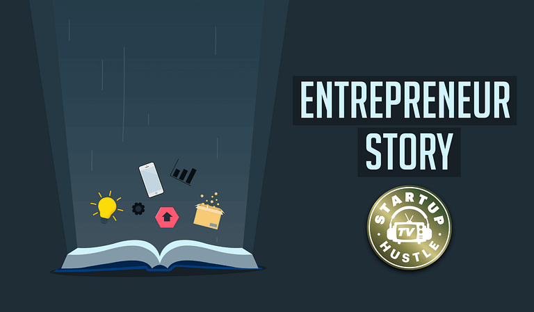Illustration depicting a concept of an entrepreneur's story, with an open book featuring symbols of ideas and innovation, accompanied by the words "Entrepreneur Story" and a badge indicating a "startup hustle.