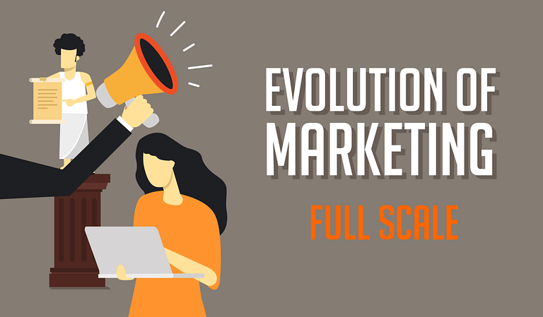 An illustrative banner depicting the concept of "evolution of marketing," featuring a woman with a laptop in the foreground, a hand holding a megaphone, and a figure with a toga.