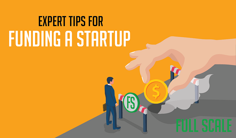 Graphic illustration featuring a large hand placing a coin into a piggy bank rocket, with a small businessman figure looking on, against an orange background with the text "Expert Tips for Funding a Startup.