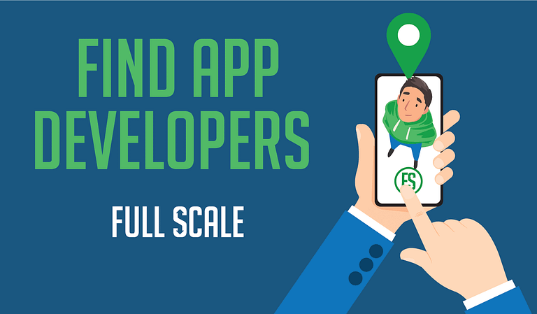 A graphic inviting viewers to find app developers for startups, featuring a hand holding a smartphone with a map pin and a caricature of a person, alongside the text "find app developers" and "full