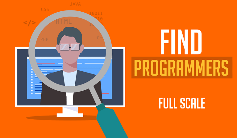 A magnifying glass focuses on an illustrated figure representing a programmer, with text that reads "Find startup programmers full scale" alongside icons of programming languages like Java, CSS, HTML, and PHP.