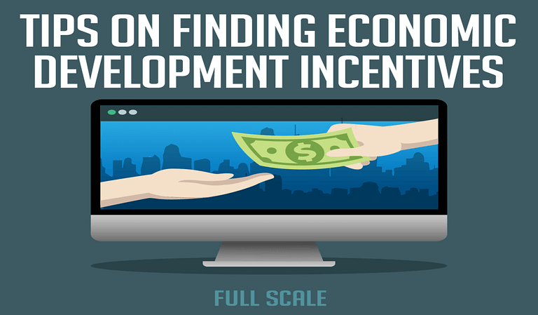 A graphic illustrating tips on finding economic development incentives, featuring a cartoon hand passing money through a computer screen to another hand.