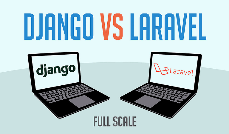 Two laptops with the words Django vs Laravel, both prominent Web Application Frameworks.