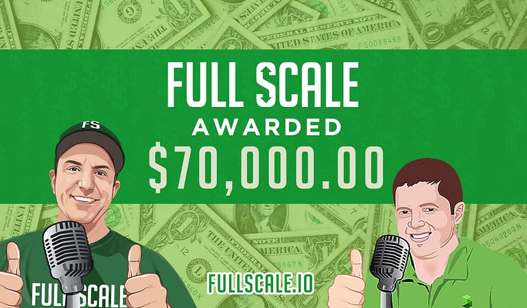 Two men with microphones in front of a green background with the words "Tech Resources full scale awarded $7,000".