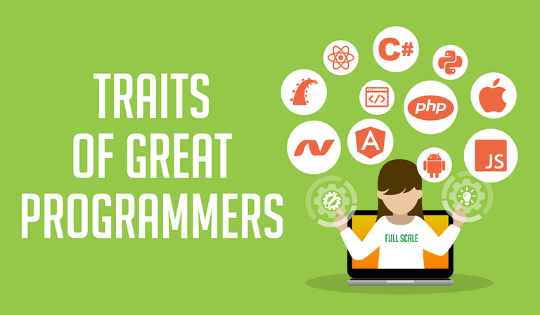 An illustration showcasing various programming language and technology icons representing traits of great programmers, with a central figure seated at a laptop with the text "Great Programmers" on the screen.
