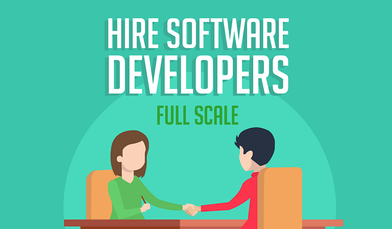 Two animated figures engaging in a handshake across a desk with text above them reading "Hire Software Developers".