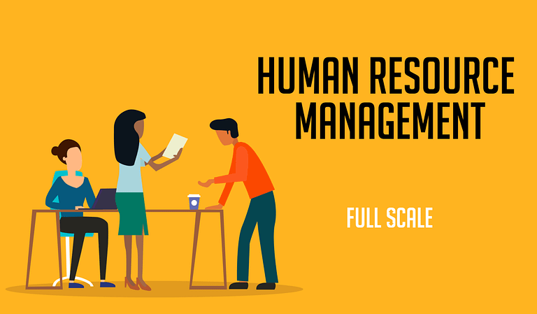 Two animated individuals engaged in a professional exchange by a desk with the words "HR management" and "startups" displayed prominently above them.