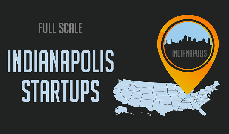 A graphic featuring the text "top Indianapolis startups" with a map of the United States highlighted by an orange location pin over Indianapolis, indicating a focus on top startups in the Indianapolis area.