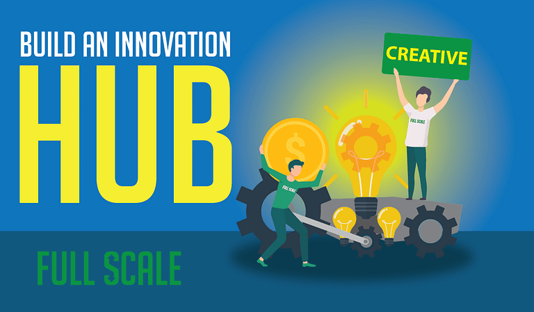 Graphic illustration representing the concept of building an Innovation Hub, featuring stylized figures engaged in creative and financial activities against a backdrop with cogwheels and light bulb motifs, and the words "Build an Innovation