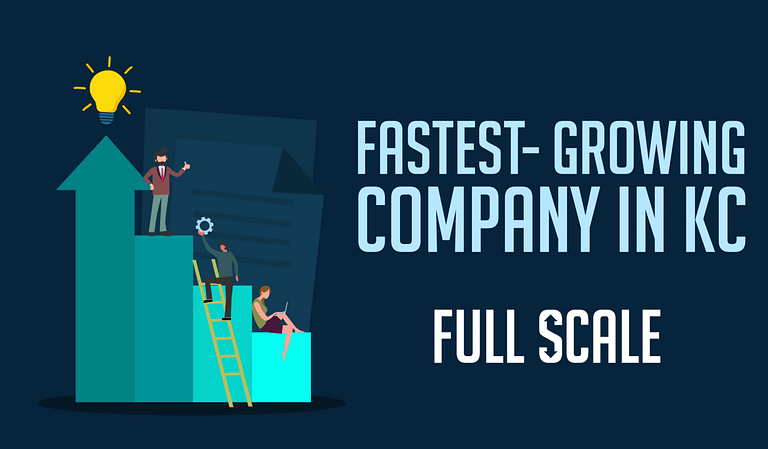 An illustrated promotional image for "Full Scale," touted as one of "Kansas City's Fastest-Growing Companies," featuring cartoon characters engaging in activities that symbolize growth and innovation, such as climbing a