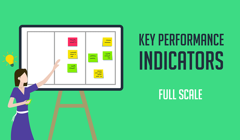 A person presenting key performance indicators (KPIs) on a full-scale whiteboard with sticky notes at a startup.