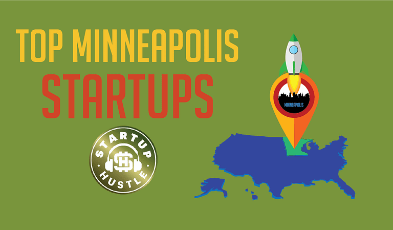 Graphic showcasing "top Minneapolis startups" with an illustration of a rocket and a location pin over a stylized map of the United States, highlighting Minneapolis startups.
