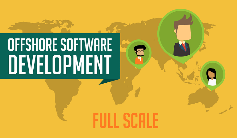 Graphic banner depicting the concept of offshore software development, featuring world map background with avatars representing international team members, accompanied by the text "Offshore Software Development – Full Scale.