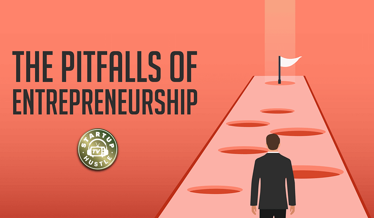 An illustration depicting an entrepreneur facing a path full of pitfalls towards a goal, metaphorically representing the challenges of entrepreneurship.