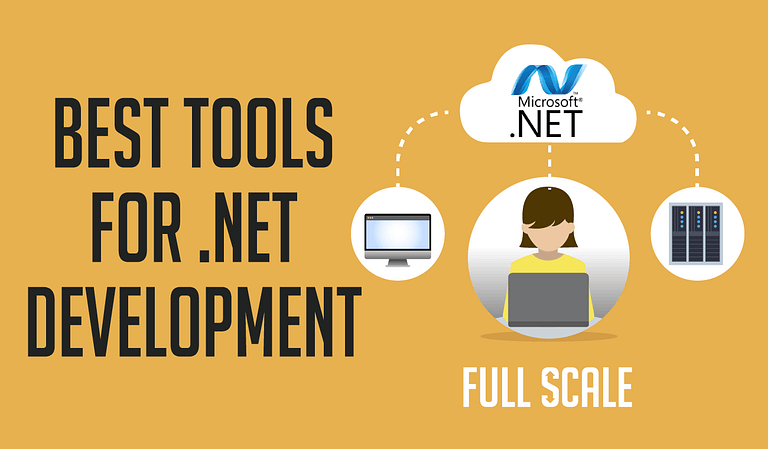 An infographic showcasing the top .NET Development Tools, including Microsoft .NET, with icons illustrating a computer screen, a developer, and server racks, under the banner of 'full scale.'