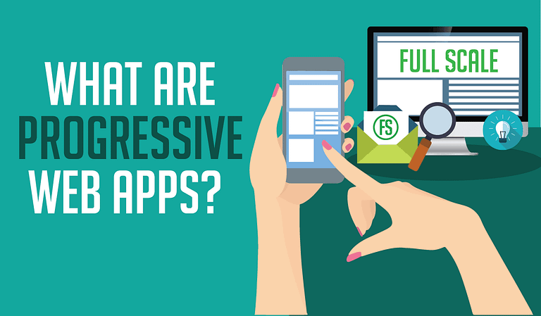 An illustrative graphic highlighting the concept of Progressive Web Apps (PWAs), featuring a hand holding a smartphone and a desktop monitor displaying the acronym "PWA" alongside related icons.