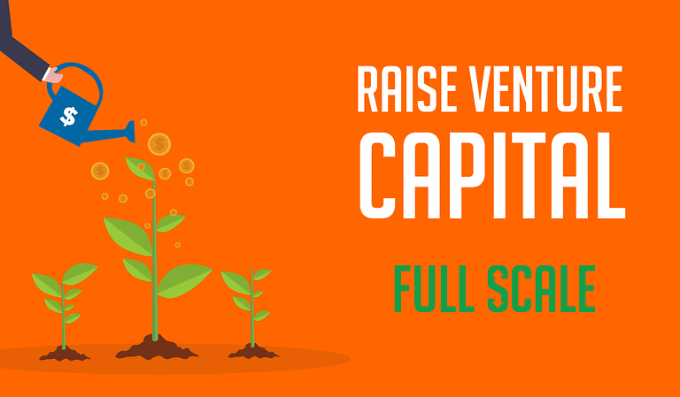 An illustration representing investment growth, with a watering can labeled with a dollar sign watering young plants, symbolizing the concept of raising venture capital to achieve full-scale startup development.