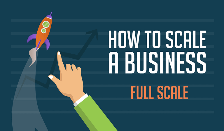 Graphic illustration featuring a hand pointing towards a rocket ascending along an upward trend graph, with the text "how to scale a business - full scale".