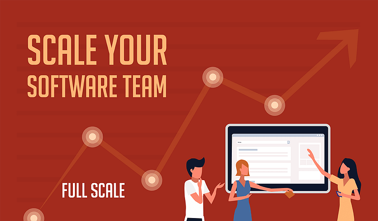 Graphic illustration of three individuals collaborating on a software team project with an upward trending arrow symbolizing growth and the text "scale your software team".