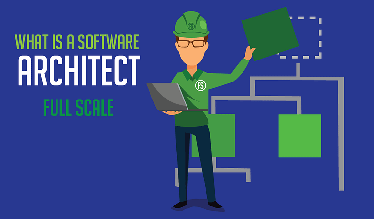 An illustrated character in a green outfit holding a laptop stands next to the text "what is a Software Architect" with a flowchart diagram in the background.