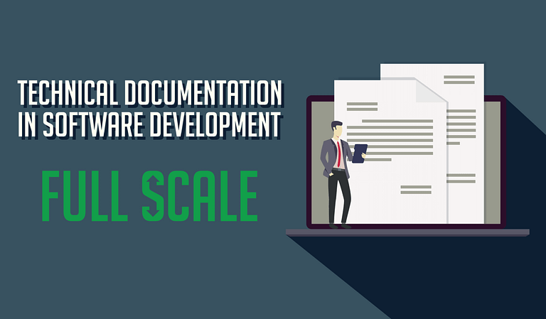 An illustration highlighting the importance of technical documentation in software development, with a figure next to a laptop displaying technical documents.