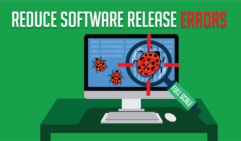 A graphic promoting the reduction of software release errors through effective Software Release Strategies, featuring a computer monitor displaying code with ladybugs, symbolizing bugs or errors, and a red cross targeting one large ladybug