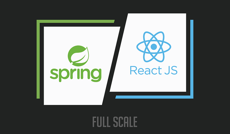 Two logos displayed side by side: on the left is the Spring Boot logo, and on the right is the React JS logo, with the text "full scale" at the bottom.