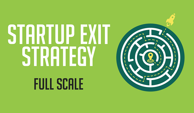 This is a graphic with a green background featuring the text "Startup Exit Strategy" on the right side, there is an intricate circular maze or labyrinth design with what appears to be a rocket at.