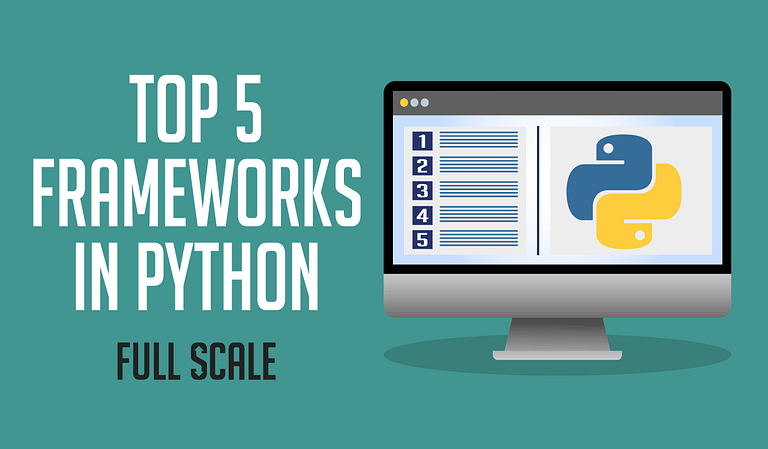 An informational graphic highlighting the 'top 5 Python frameworks' as presented on a computer monitor, with a python logo visible, suggesting a focus on the python programming language.
